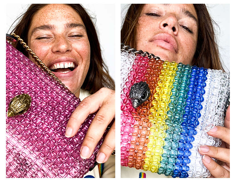 Close up of Clementine with the fuchsia and rainbow beaded bag